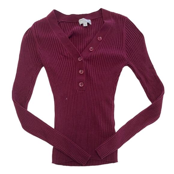Derek Lam Sweater Womens Small Red Henley Ribbed Knit Stretch V Neck - Picture 2 of 9